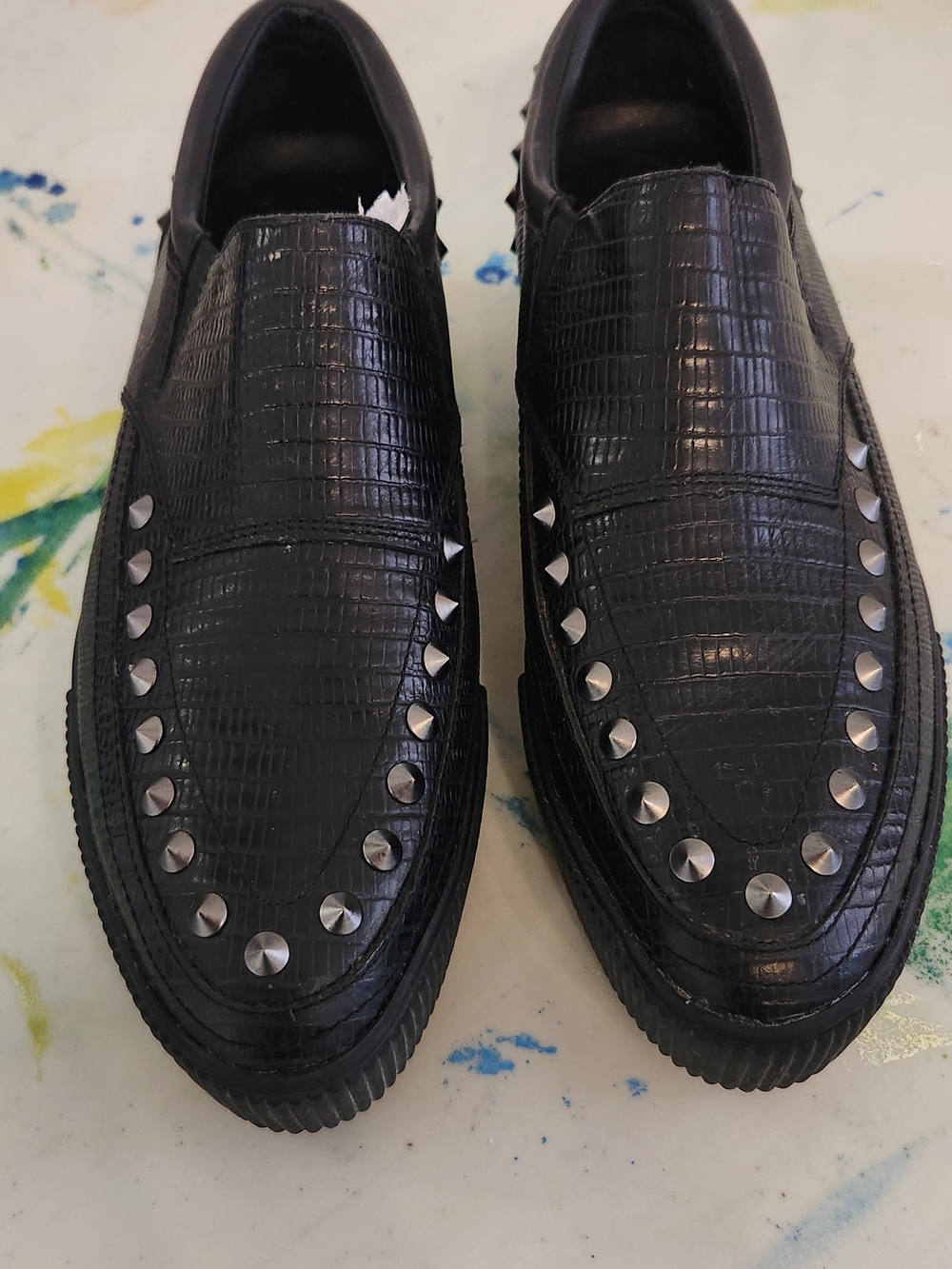 ASH Black Studded Croc-Embossed Leather Platform Slip-On Loafers | EU 38